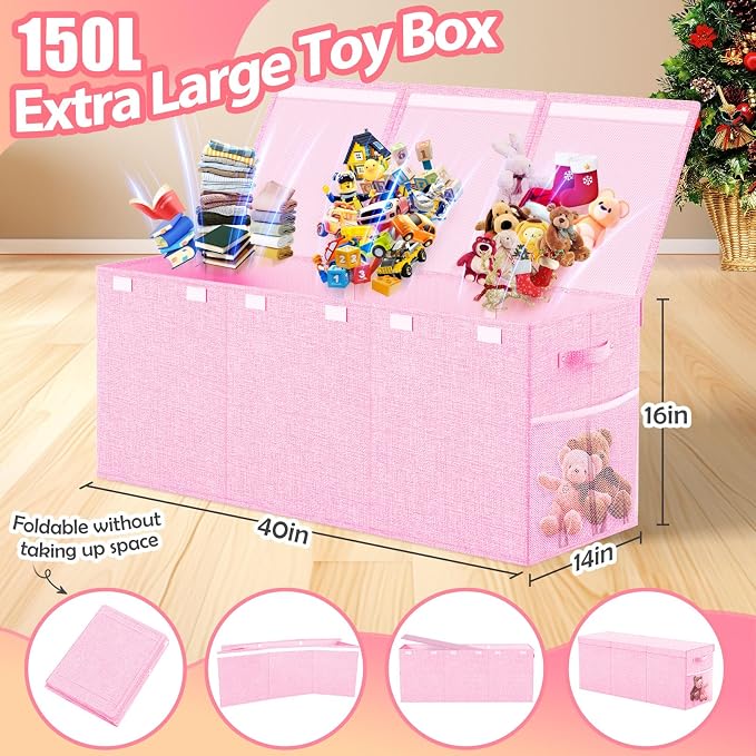 Large Toy Storage Box with Lid & Dividers, Collapsible Kids Toy Chest, Pink | Toy Box for Boys, Girls, Nursery, Bedroom, Living Room, Playroom, 40X14X16 inches