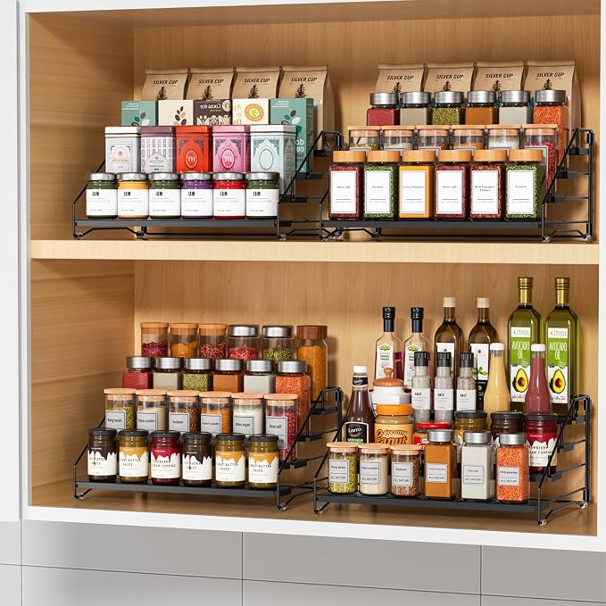 2 Pack Spice Rack Organizer for Cabinet, Depth Adjustable 4 Tier Spice Rack | Black, Metal Spice Organization for Cabinet, Easy Visibility, Tiered Spice Rack Perfect for Cabinet, Pantry and Countertop
