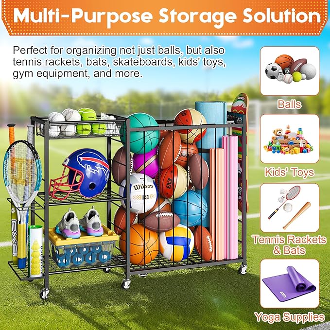 Ball Storage with Elastic Rope for Sports and Outdoors, Garage Organization with Wheels for Sports Gear and Toys, Large-Capacity Sports Equipment Organizer with Baseball Bat Holder and Basketball Rack