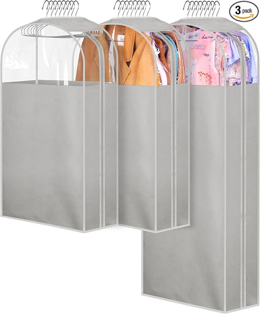 MISSLO 10" Gusseted Garment Bags for Hanging Clothes 40"+60" Clear Suit Bags for Closet Storage Dress Bag for Gowns Long Coat Protector, 3 Packs, Grey