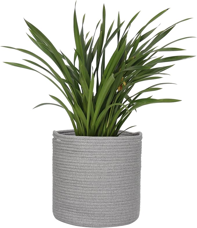 MEGASKET Cotton Rope Plant Basket, Woven Baskets Planter for 11 inch Pot, Round Indoor Tree Pot Cover, Storage Bin Organizer, Modern Basket for Plants and Home Decor, 12.5”X12.5”, Gray