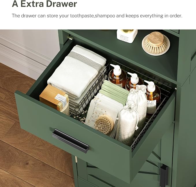 67" H Tall Bathroom Storage Cabinet with Barn Doors and Drawer, Narrow Bathroom Cabinet, Narrow Storage Unit, Adjustable Shelves, Floor Cabinets for Living Room, Forest Green
