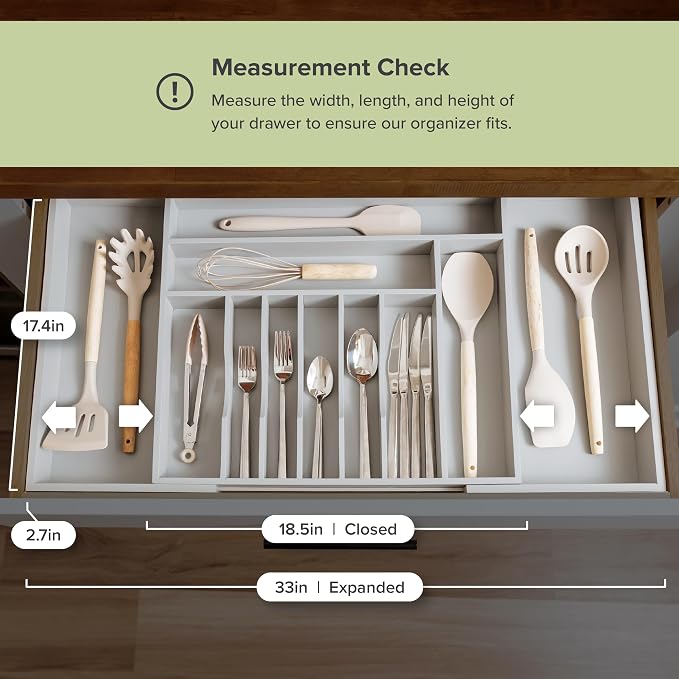 KitchenEdge Silverware & Utensil Drawer Organizer, 18-33 in, Gray Bamboo | Cutlery, flatware, food-safe contract grade, kitchen drawer fit