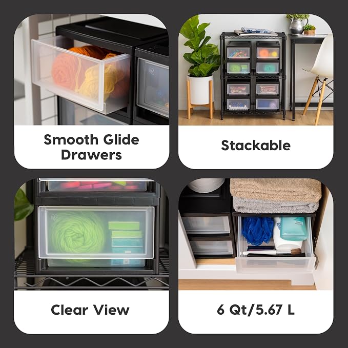 IRIS USA 2-Pack, 6 Qt. Small Stacking Drawer Storage Organizer, Black | Keep craft supplies, accessories, office items, and small essentials organized around your home for easy everyday storage