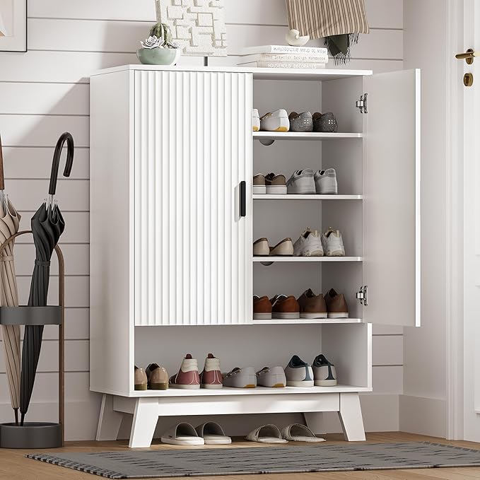 HUANLEGO Shoe Cabinet Storage for Entryway with Doors, White | 5 Tier Fluted Shoe Organizer with Adjustable Shelves, Shoe Storage with Wooden Legs, Freestanding Shoe Rack for Entryway