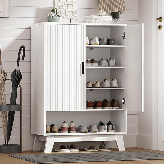 HUANLEGO Shoe Cabinet Storage for Entryway with Doors, White | 5 Tier Fluted Shoe Organizer with Adjustable Shelves, Shoe Storage with Wooden Legs, Freestanding Shoe Rack for Entryway