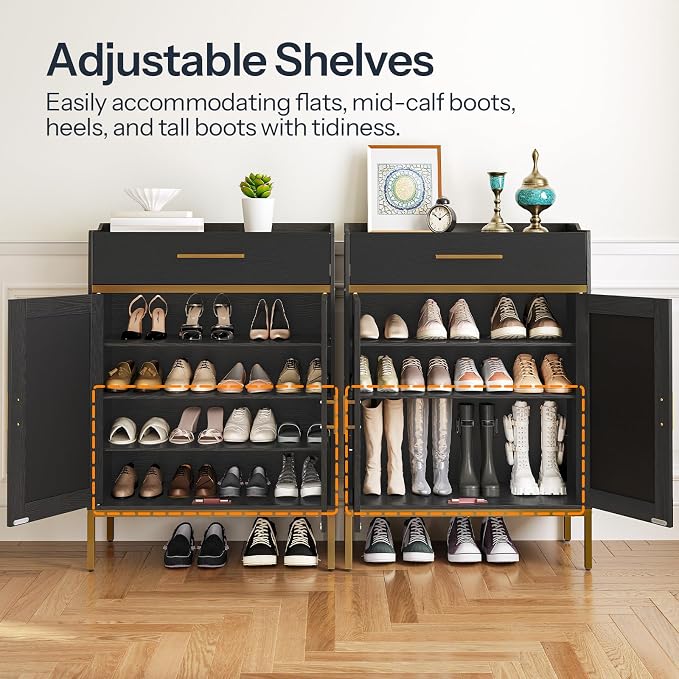 HOOBRO Shoe Cabinet with Doors and Drawer, Holds 12–18 Pairs, Large Capacity Shoe Storage Cabinet with Adjustable Shelves, Freestanding Wooden Shoe Organizer for Entryway, Black DB14SC01