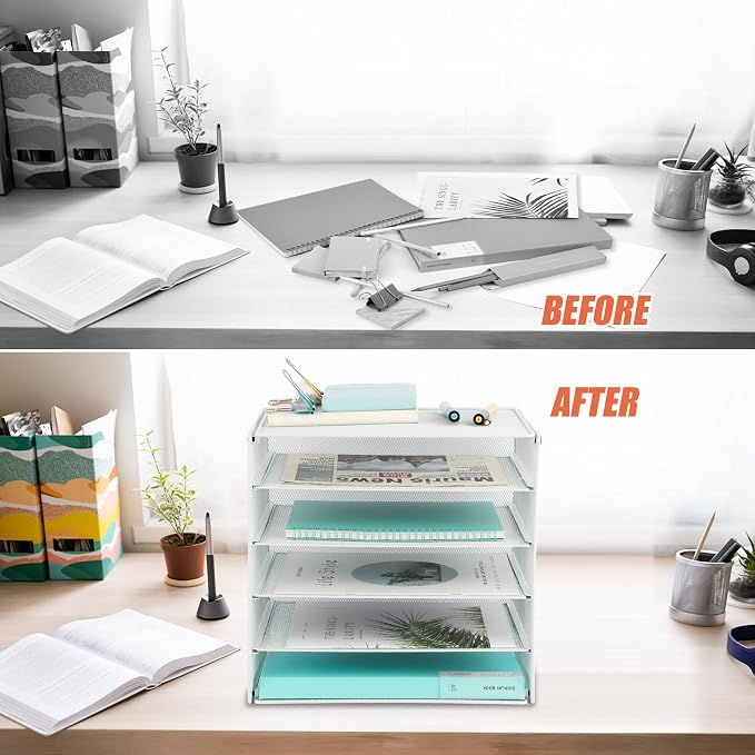 5 Slot Mesh Desk Organizer Tray, File Paper Letter Folder Holder Desktop Paper Sorter Mail Organization Rack Storage Accessories, for Office Home School Classroom, White