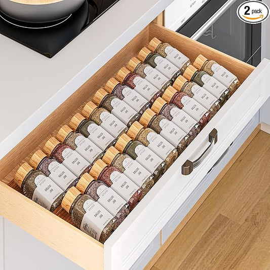 MUDEELA Clear Spice Drawer Organizer, 2 Tier - 2 Set (2 Packs) Spice Rack for Drawer, Expandable From 11" to 22" Kitchen Seasoning Organizers and Storage for Drawer (Jars not included), Amber