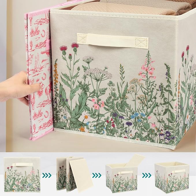 6 Pcs Wild Floral Cube Storage Bins 12.5 Inch Flower Storage Basket with Handle, Beige Collapsible Fabric Box for Classroom Bedrooms Office Home Decoration