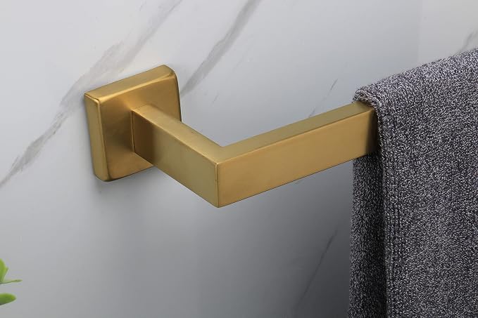TocTen Bath Towel Rack - Square Base Thicken SUS304 Stainless Steel Towel Bar for Bathroom, Bathroom Accessories Towel Rod Heavy Duty Wall Mounted Towel Holder. (Brushed Gold, 16)