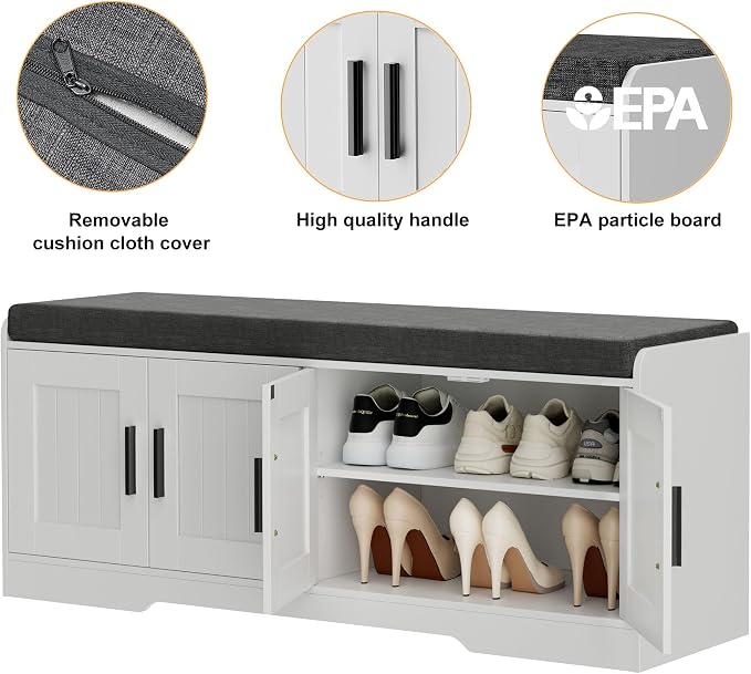Homleke Shoe Storage Bench, 4 Doors & Thickened Padded Seat Cushion | 2-Tier Shoe Bench, Entryway Bench, Adjustable Shelf, 13.8" D x 45.3" W x 18.5" H, for Living Room, Bedroom, White