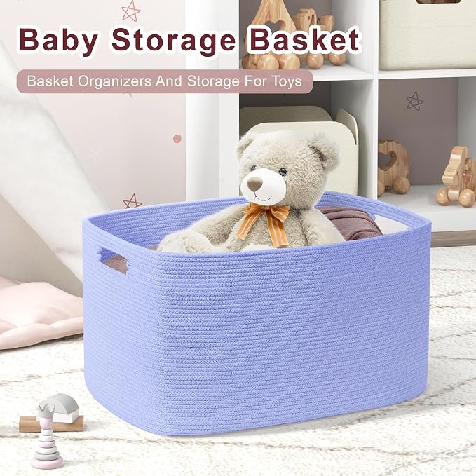 72L Large Woven Laundry Basket Hamper with Handles, Blue Purple | collapsible wicker hamper, storage for dirty clothes, toys, blankets, gifts, living room, bedroom, bathroom, 22"x17"x12"
