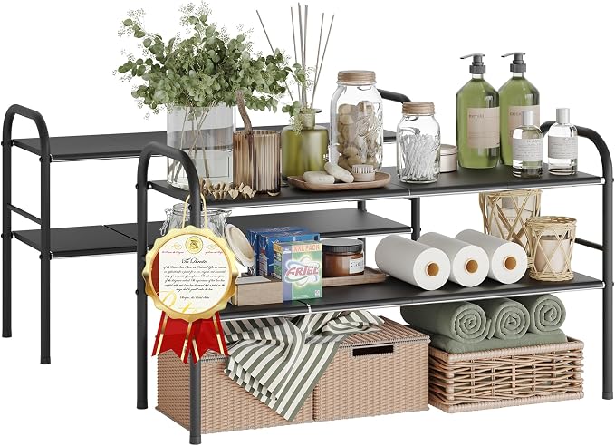 Under Sink Organizers and Storage,Expandable under cabinet organizer Shelf | 2 tier expandable shelf for kitchen,bathroom,shoe rack,8 Removable ABS Panels,Adjustable partition height,20.6-32.2" W,2 Pcs