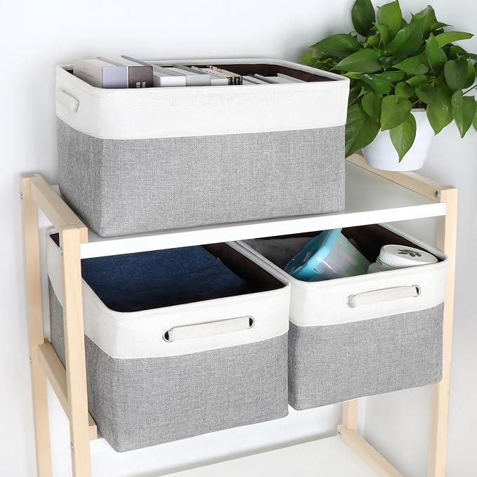 Foldable Storage Bin Collapsible Fabric Storage Basket Cube with Durable Handles Closet Organizer Bins for Organizing Shelves Drawers, Set of 3, 17" x 11.8" x 9.8", Grey
