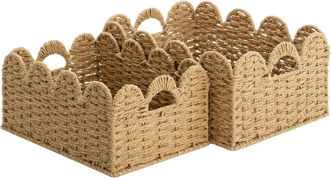 StorageWorks Scalloped Wicker Basket, Woven Baskets for Storage, Large Baskets with Handles, Paper Rope Basket for Organizing and Decor, 2 Pack