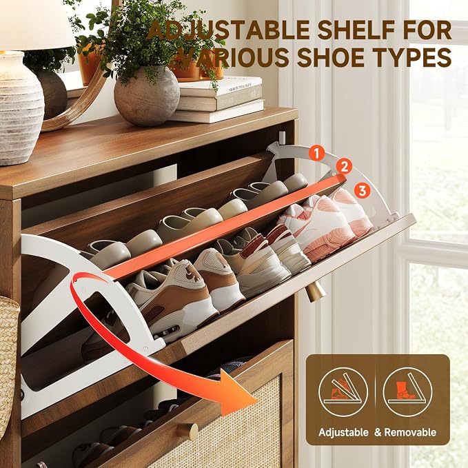 Nicetree Shoe Storage Cabinet for Entryway, Slim Shoe Rack with 2 Flip Drawers, Modern Boho Square Cane Engineered Wood Storage Cabinets, Narrow Shoe Organizer, Caramel