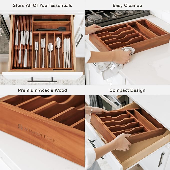 KitchenEdge Silverware & Utensil Drawer Organizer, 10.5-19 in, Acacia | Cutlery, flatware, food-safe contract grade, kitchen drawer fit