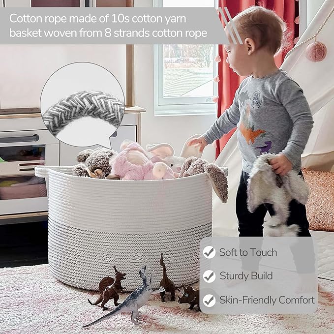 INDRESSME XXXLarge Woven Rope Blanket Basket Living Room White, 90L | 21.7" x 13.8" Storage baskets for toys laundry & pillows. Fits living room, bedroom or nursery décor. Soft-touch with handles