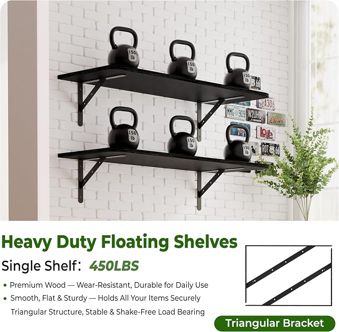 Dogsky 2-Pack Garage Storage Shelving Wall Mounted, 4x2Ft (48x24In) Heavy Duty Wood Floating Wall Shelf, 500lbs Capacity Shelves for Garage, Closets, Utility Rooms and Kitchens, Black