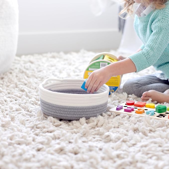 5-Piece Round Woven Cotton Rope Storage Baskets for Organizing, Small Shallow Nesting Set for Montessori Toys, Entryway Catchall, Fruit Bowl, Key Tray, Remote Holder, Nursery & Pet Toys