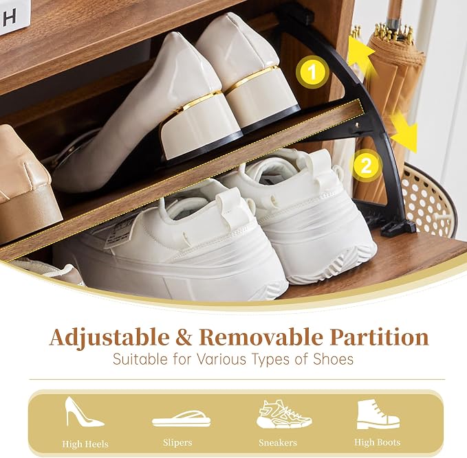 BERRYMERRY 47.2” Wide Shoe Storage Cabinet for Entryway with 4 Flip Drawers | narrow,entryway,adjustable feet,32 pairs shoe,shoe organize,hidden shoe rack,fluted panel,wave pattern,wood,space saving