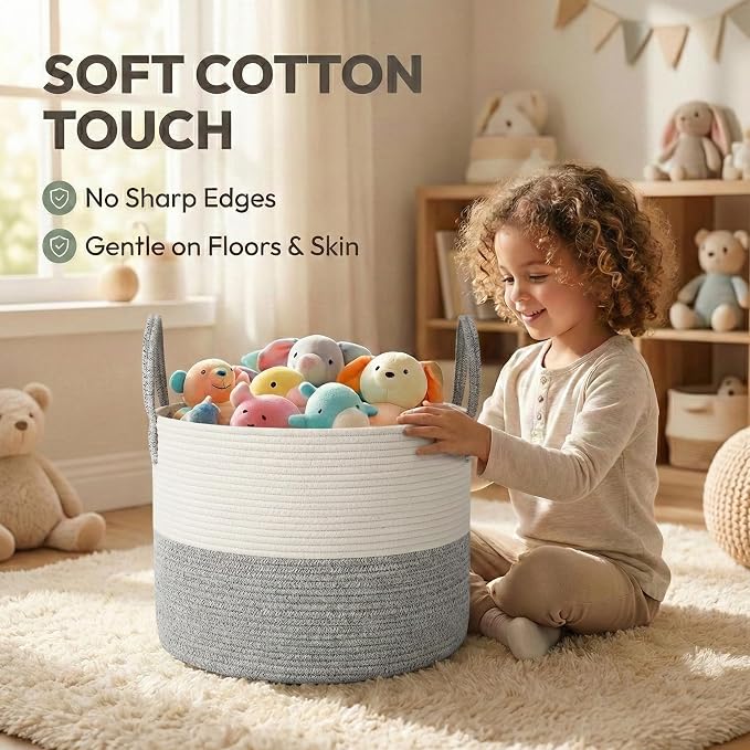 JMvicyroam 115L Extra Large Machine Washable Cotton Rope Blanket Basket | Collapsible laundry hamper, Reinforced handles, For blankets, pillows, toys and clothes, Living room and bedroom, White&Grey