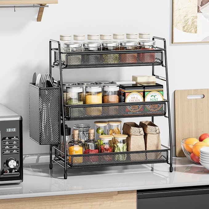 EKNITEY Bathroom Countertop Organizer Shelf - 3 Tier Counter Spice Rack | Metal, Removable Basket, Non-Slip Base, Makeup Rack, Small Coffee Station Organizer, for Sink Bedroom Kitchen Living room