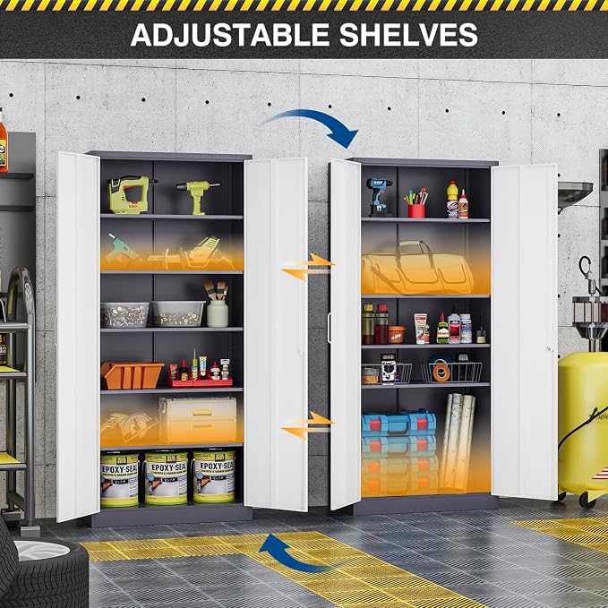 Fesbos Metal Cabinet Steel Storage Cabinet - 71” Tall Steel File Cabinets with Lockable Doors and 5 Adjustable Shelves Gray&White Storage Cabinets for Home, School, Office, Garage