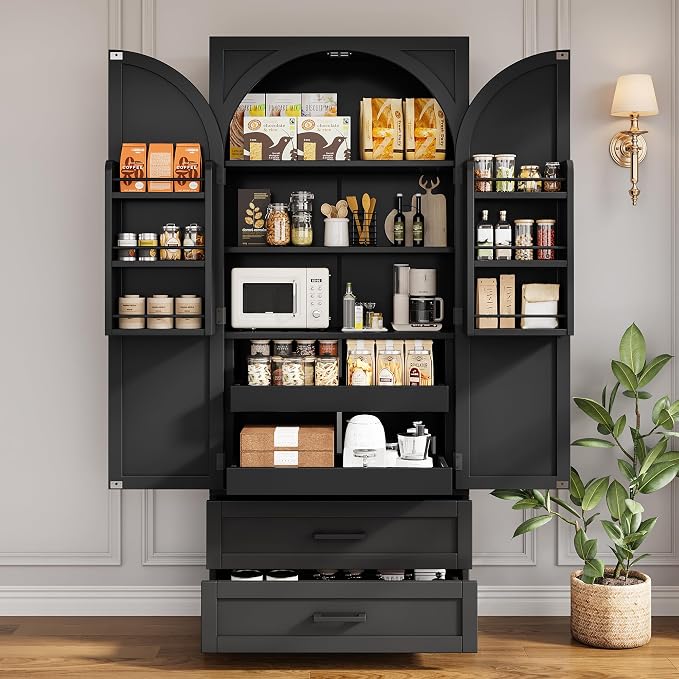 iPormis 71" Tall Kitchen Pantry Storage Cabinet w/Door and Adjustable Shelf & Large Drawers, Freestanding Kitchen Cupboard for Dining Room/Living Room, Black