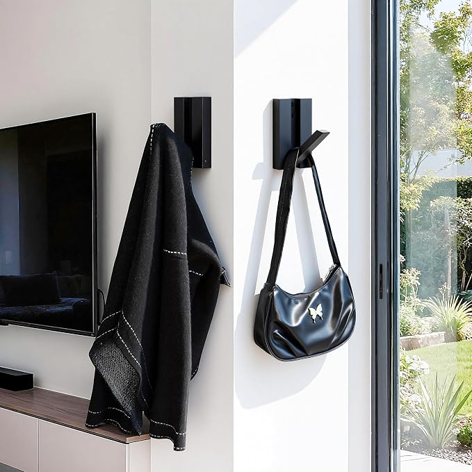 Wood Wall Hooks for Entryway: 2Pack Folding Black Modern Coat Hooks | Heavy Duty Hanger for Hanging Towels Backpack Bags Jacket - Space Saving Minimalist Design for Aesthetic Homeowners