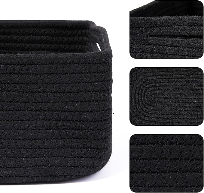 MiniArk Small Storage Baskets for Organizing | Closet Organizer Bins | Shelf Toy Basket | Woven Rope Baskets | Cube Decorative Box | Shallow Basket | 13x8.5x5.1” | 3 Packs Black