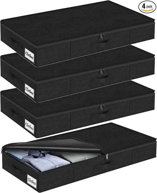 Under Bed Storage Container Bins 4 Pack, 5 Inch Thin Low Profile Underbed Clothes Storage Organizer for Dorm & Home, Use for Blanket and Toy Storage Box W/ Sturdy Bottom/Sides, Foldable Thick Fabric