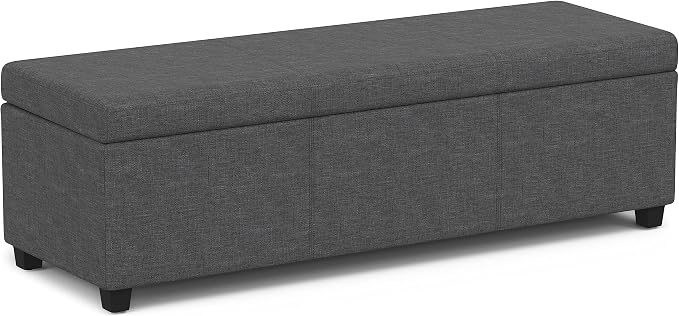 SIMPLIHOME Avalon 54" Wide Vegan Leather Storage Ottoman in Brown | Contemporary lift-top ottoman with high-density foam; rectangle storage bench or coffee table for living room or entryway.