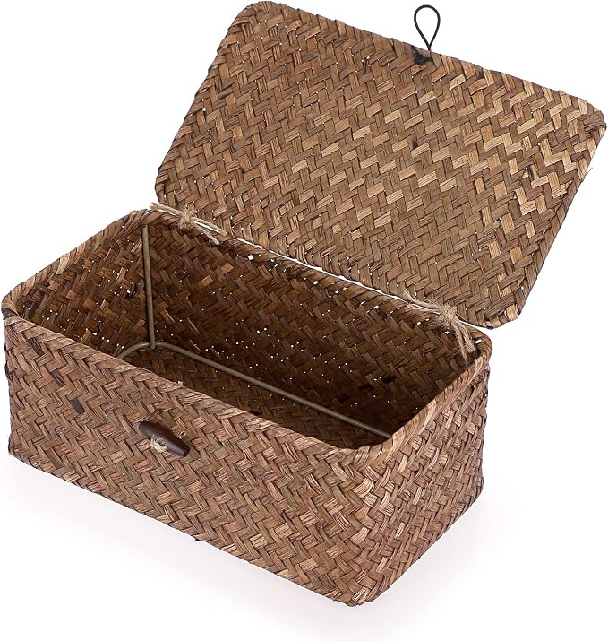 Hipiwe Wicker Shelf Baskets Bin with Lid, Handwoven Seagrass Storage Boxes | Rectangular Household Basket Boxes for Shelf Wardrobe Home Organizer, Coffee X-Small