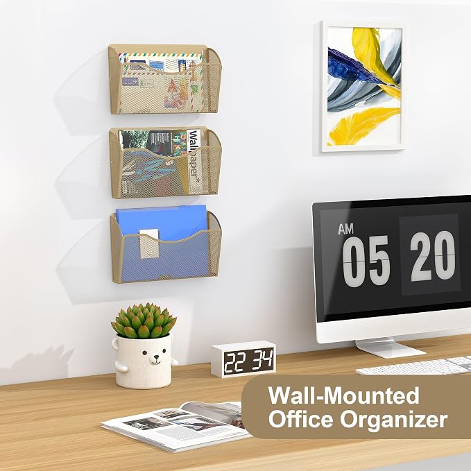 EasyPAG Wall File Organizer 3 Pack, Hanging File Organizer Wall Mount, Metal Mesh Folder Holder for Letter/A4 Papers, Mail Sorter for Office, Classroom, Home, Gold