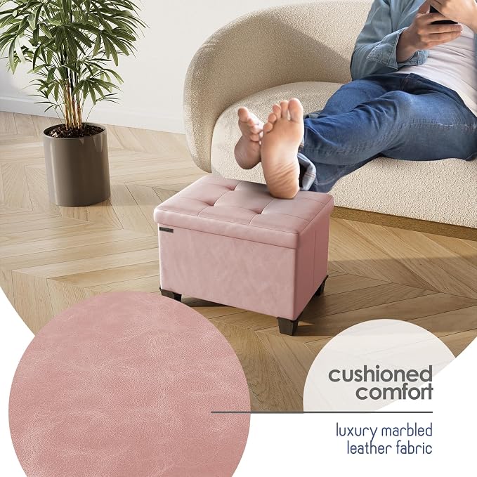 Storage Ottoman Cube with Small Bin, 16-in Square Ottoman with Storage for Living Room and Bedroom, Small Ottomans Foot Rest, Leather Foot Stools Ottomans Max 330lbs, Pink