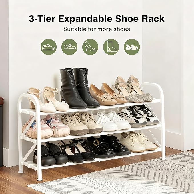 3-Tier Shoe Rack for Closet, 16"-32" Expandable Shoe Rack Adjustable for Entryway Closet Doorway Sturdy Metal, White