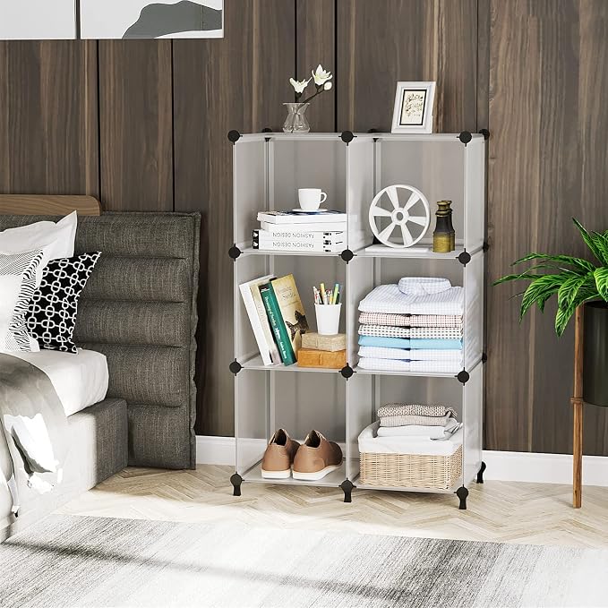 AWTATOS Closet Organizer, 6 Cube Storage Organizer, Closet Storage Shelves | DIY Stackable Closet Storage Cubes Shelf Bookshelf, Plastic Clothes Organizer Shelving for Bedroom, Home, Translucent