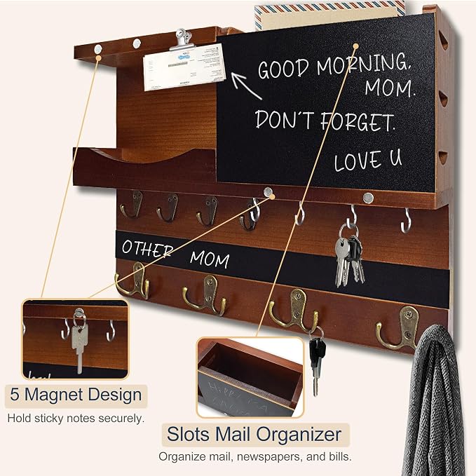 Key Holder for Wall Mount with Shelf and Mail Organizer, Key and Mail Holder with 16 Hooks, Farmhouse Entryway Organizer, Home Decor Rack(Pine Wood, Brown)
