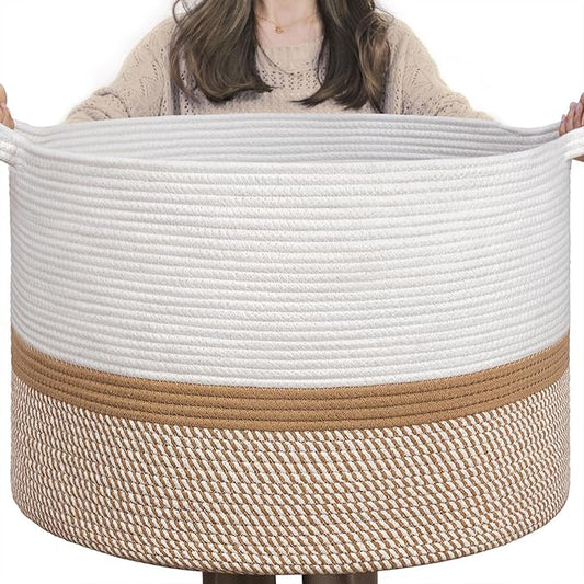 INDRESSME XXXLarge Woven Rope Blanket Basket Living Room White Camel, 90L | 21.7" x 13.8" Storage baskets for toys laundry & pillows. Fits living room, bedroom or nursery décor. Soft-touch with handles