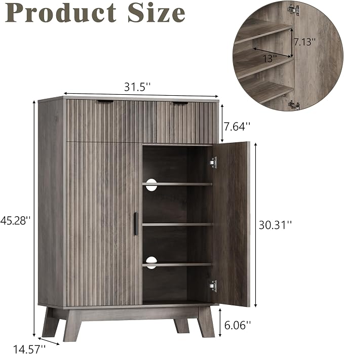HUANLEGO Shoe Cabinet Storage for Entryway with Doors, Grey | 4 Tier Fluted Shoe Organizer with 2 Drawers, Shoe Storage with Adjustable Shelves, Freestanding Hidden Shoe Rack for Entryway