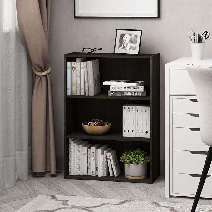 Furinno PASIR Book Shelf, 3-Tier Bookshelf, Storage Shelves Bookcase, 9.7 x 23.7 x 31.5, for Living Room, Bedroom, Home Office, Dark Espresso