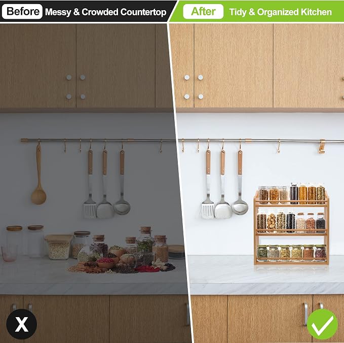 3 Tier Bamboo Spice Rack Wall Mount or Countertop,Spice Organizer | Seasoning Jars Rack Spice Shelf Organizer for Kitchen Counter or Wall Mounting
