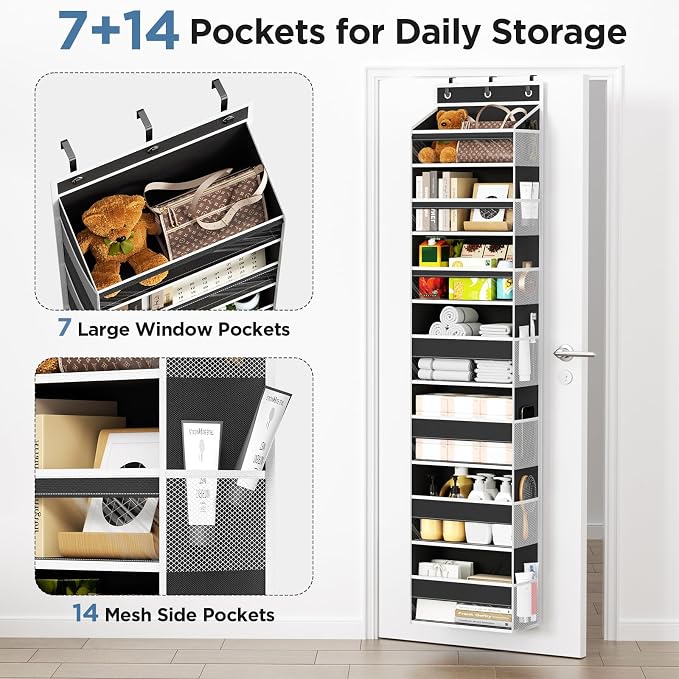 Mefirt Over The Door Organizer, 7 Tier Door Hanging Organizers with 7 Large Pockets 12 Side Pockets, Behind Door Storage Hanging Shelves for Closet Bathroom Bedroom Nursery