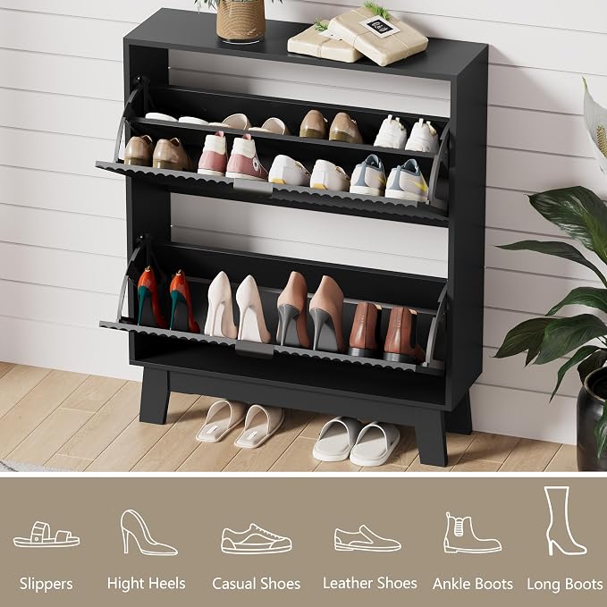 HUANLEGO Shoe Cabinet Storage for Entryway with 2 Flip Drawers, Fluted Narrow Shoe Organizer with Wooden Legs, Freestanding Slim Shoe Storage Hidden Shoe Rack Organizer for Front Door Entrance, Black