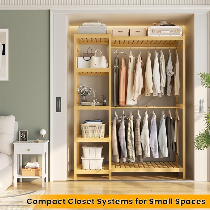 Bamboo Clothes Rack Garment Rack for Hanging Clothes, Heavy Duty Clothing Rack with 7 Tiers Adjustable Shelves, Double Rods, 4 Hooks, Freestanding Closet System Organizer Wardrobe, Natural