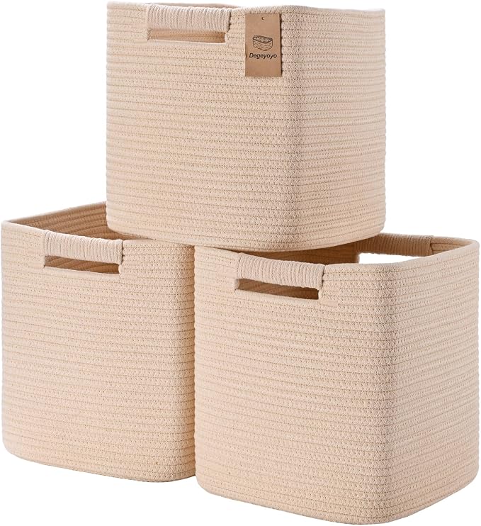 11 Inch Storage Cubes, 3 Pack Cube Storage Bins for Organizing, Cotton Rope Woven Baskets for Shelves, Bathroom, Kids Room, Closets, Baby Nursery