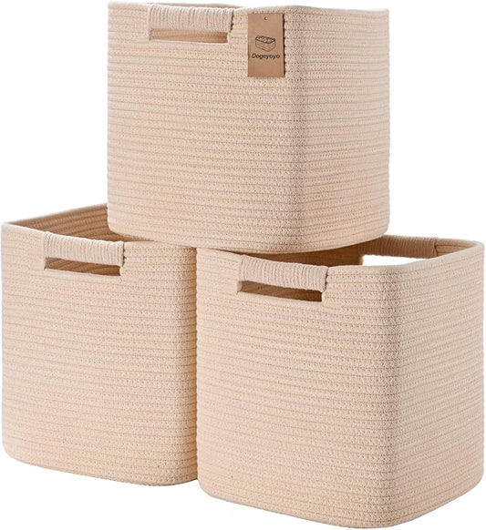 11 Inch Storage Cubes, 3 Pack Cube Storage Bins for Organizing, Cotton Rope Woven Baskets for Shelves, Bathroom, Kids Room, Closets, Baby Nursery