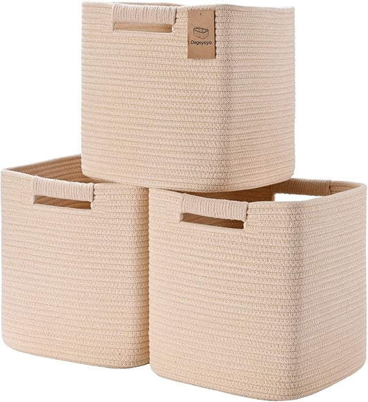 13 Inch Storage Cubes, 3 Pack Cube Storage Bins for Organizing, Cotton Rope Woven Baskets for Shelves, Bathroom, Kids Room, Closets, Baby Nursery